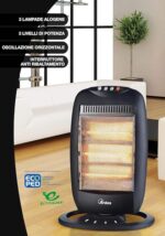 ARDES AR454B HALO 12 Stufa Alogena Oscillante 3 Elementi Riscaldanti - Stufetta Alogena a Basso Consumo Pannello Comandi e Maniglia Trasporto - Stufa Riscaldamento Silenziosa Oscillante - Stufa Nera - immagine 3