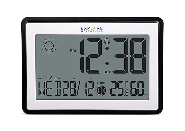 Explore-Scientific-RDC8002-Orologio-da-Parete-o-da-Tavolo-Radio-Controllato-Fasi-Lunari-Temperatura-Interna-e-Umidita-B08NCSPTMN Explore Scientific RDC8002 Orologio da Parete o da Tavolo Radio-Controllato, Fasi Lunari, Temperatura Interna e Umidità, Gancio per Muro e Supporto Scrivania, Nero - immagine 1