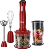Russell Hobbs Frullatore a Immersione,3 in 1: Frullatore (bicchiere 700 ml), Tritatutto (500 ml), Frusta per montare, 2 velocità, zuppe, yogurt, salse, Frusta, Lavastoviglie ok, Rosso, 24700-56